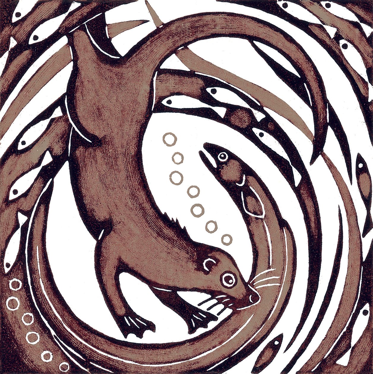 Yılanbalığı ile Otter, 2010 (renkli gravür) by Nat Morley