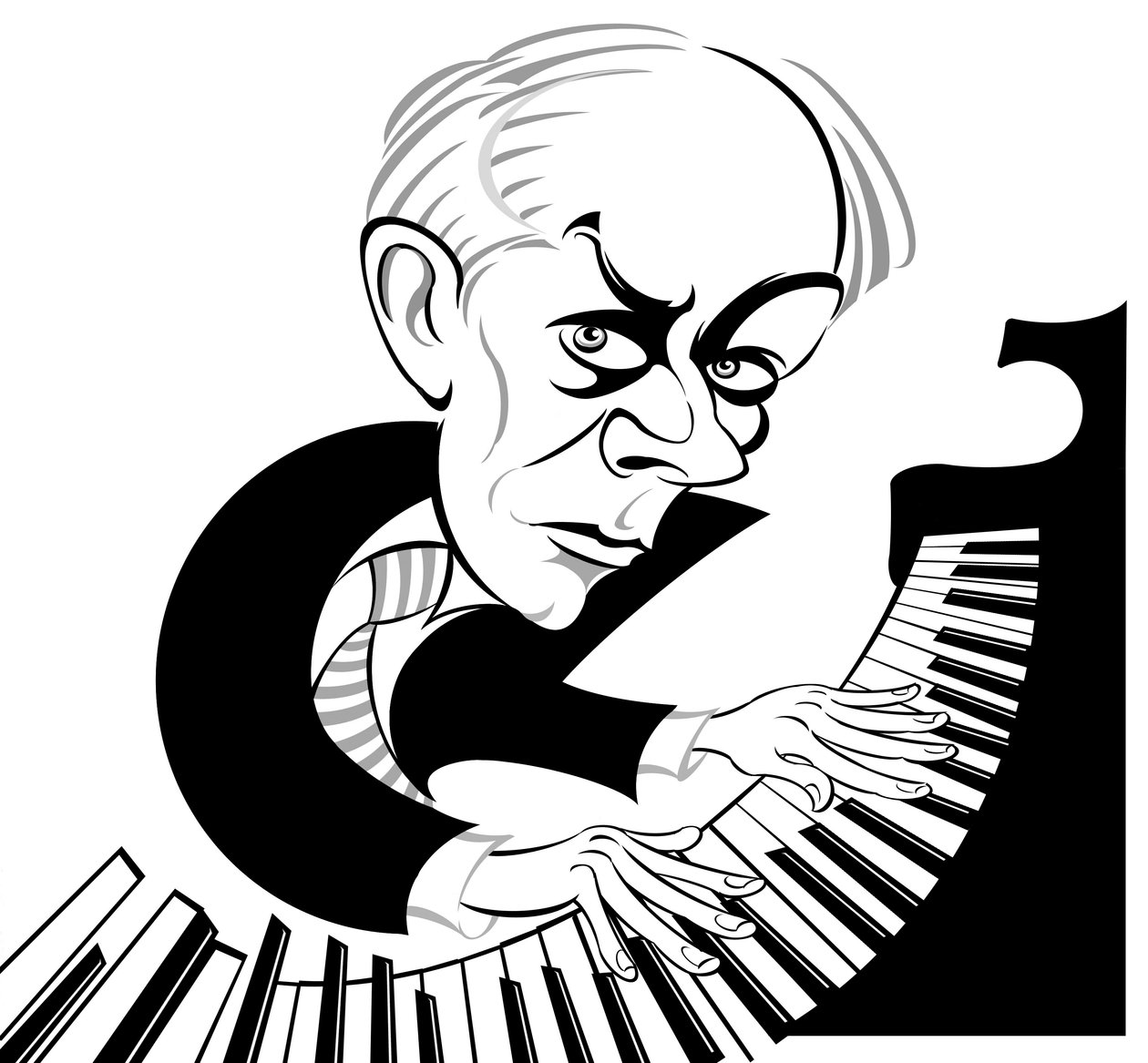 Bela Bartok Macar besteci ve piyanist (1881 - 1945); piyanoda siyah beyaz karikatür by Neale Osborne