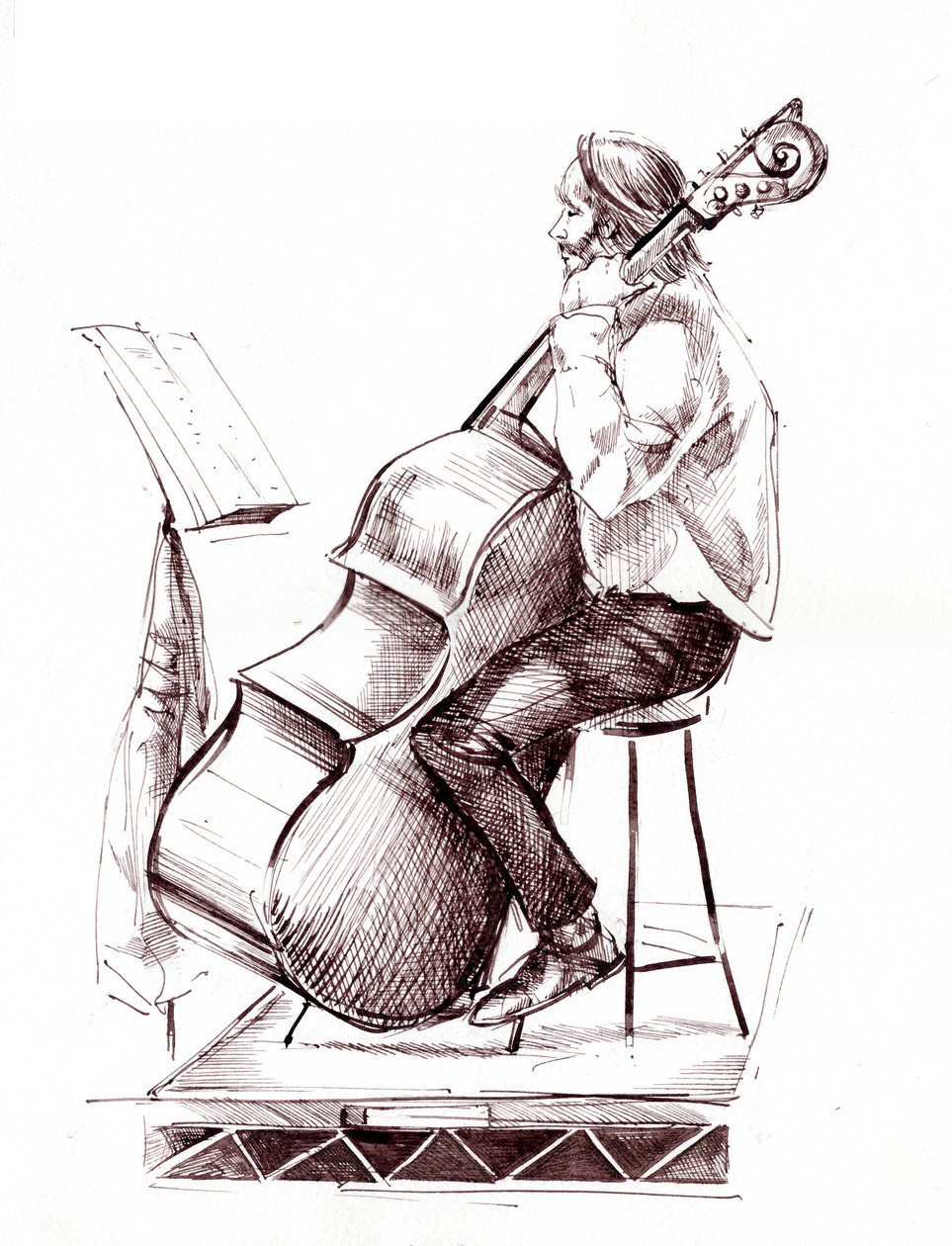 Double bassist - ink drawing of a member of the City of Birmingham Symphony Orchestra (CBSO) playing the double bass by Neale Osborne