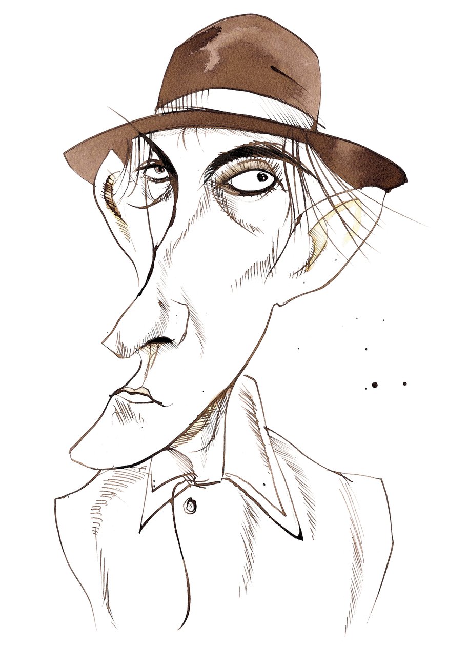 Peter Cook, İngiliz komedi oyuncusu ve yazar, (1937 - 95) E karakteri olarak karikatürize edildi by Neale Osborne