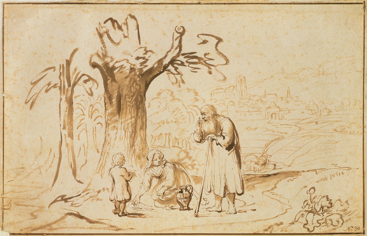 İlyas ve Tsarephath Dul (kağıt üzerinde kalem ve kahverengi yıkama) by Nicolaes Maes
