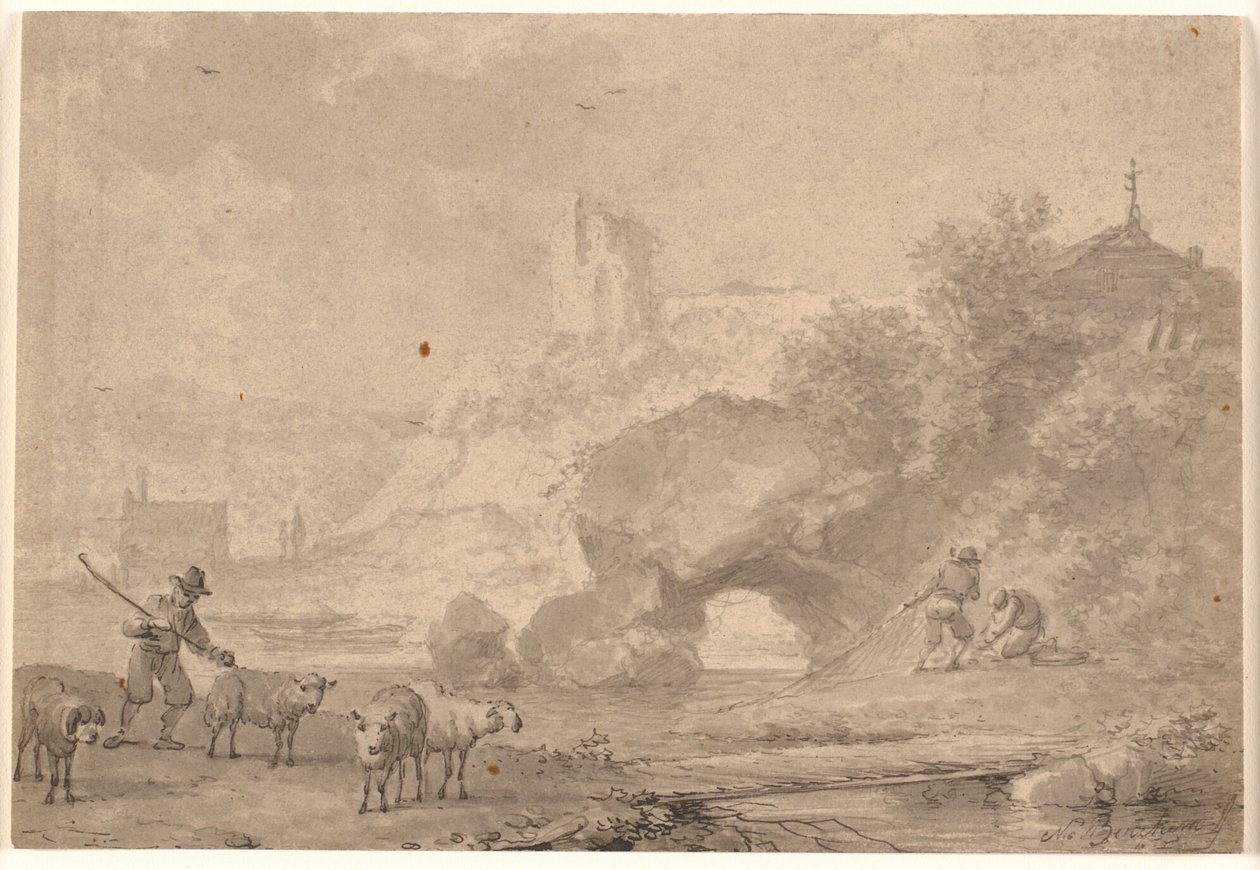 Güney nehir manzarasında çoban ve balıkçılar by Nicolaes Berchem