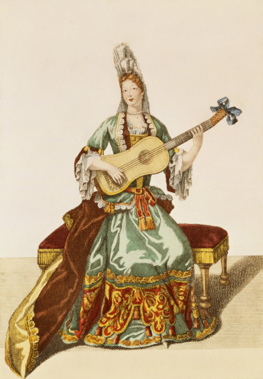 Kaliteli Gitar Çalan Hanım, moda plakası, c.1695 by Nicolas Bonnart