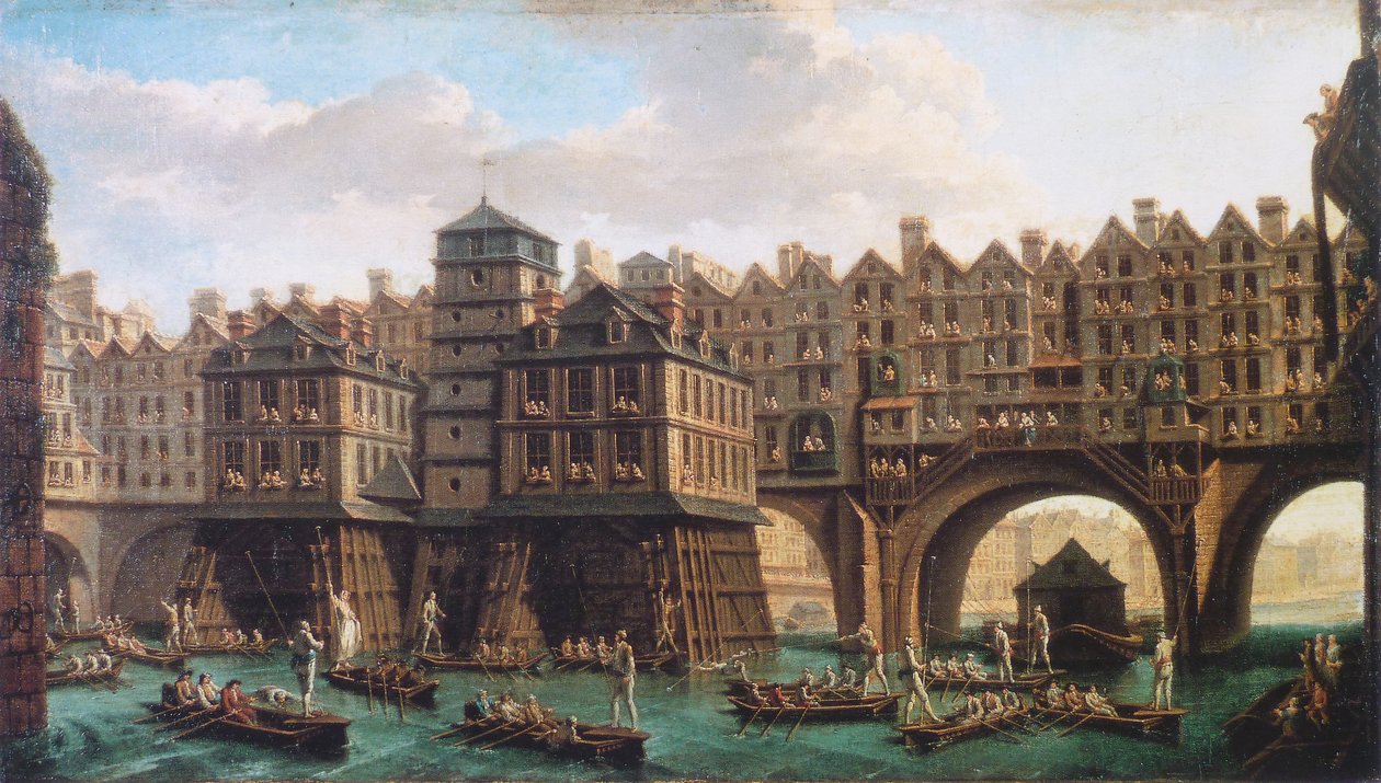 Pont-Notre-Dame ve Pont-au-Change arasındaki Joust des mariniers by Nicolas Jean Baptiste Raguenet
