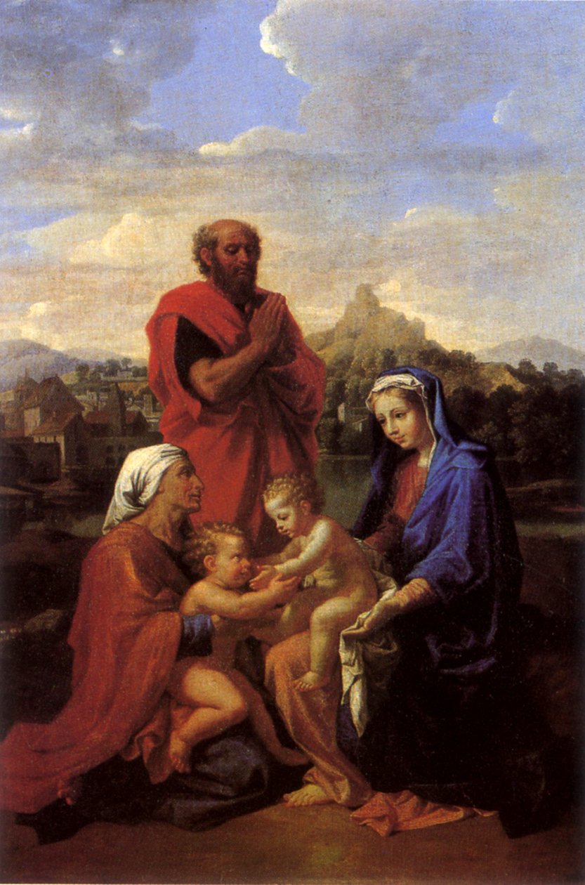 Aziz John, Aziz Elisabeth ve Aziz Joseph ile Kutsal Aile dua ediyor by Nicolas Poussin