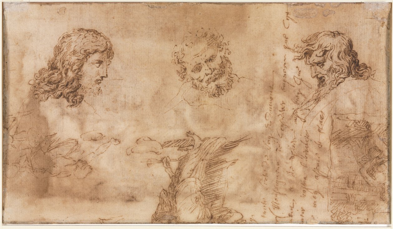 Üç Kafa ve Diğer Eskizler, 1643-1644. by Nicolas Poussin
