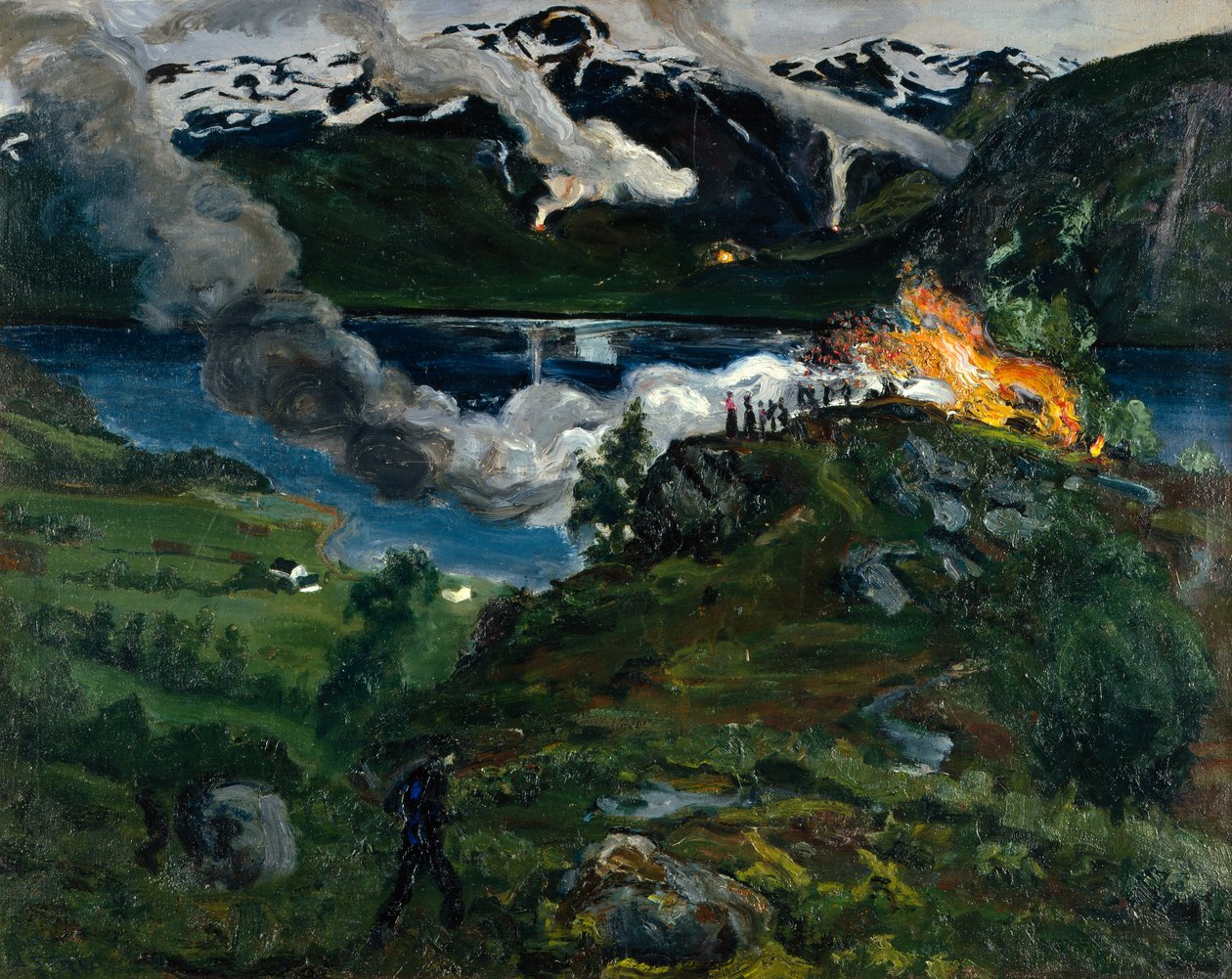 Jølster su kenarında yaz ortası ateşi by Nikolai Astrup