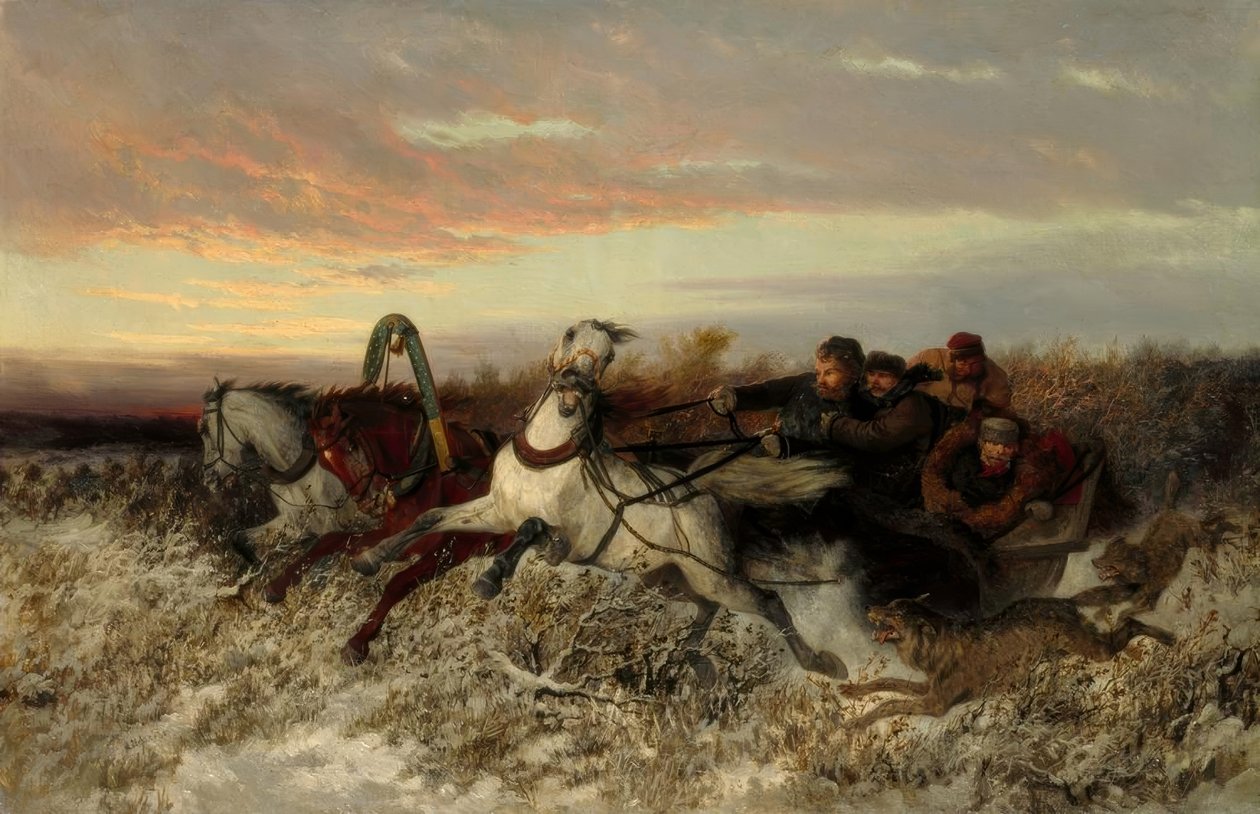 Kurtlar tarafından takip edilen atlı kızak by Nikolai Jegorowitsch Swertschkow