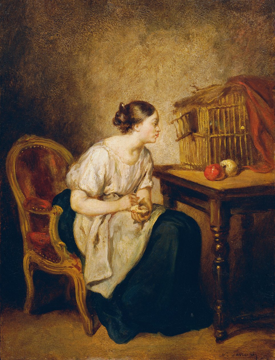 Kuş kafesi olan kadın by Octave Nicolas Francois Tassaert
