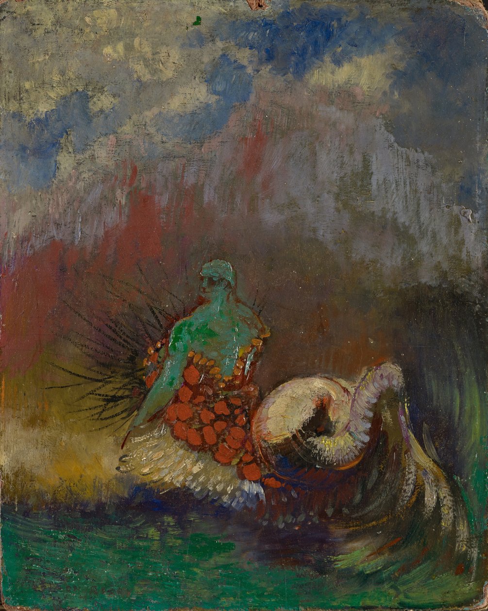 Siren, c.1900 (lif levha üzerine yağ ve altın tozu) by Odilon Redon