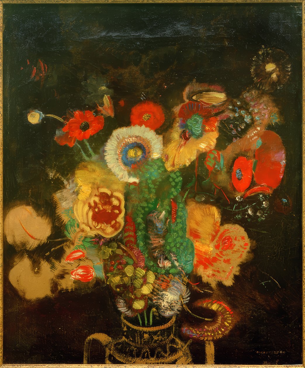 Siyah bir arka plana karşı çiçek buketi by Odilon Redon
