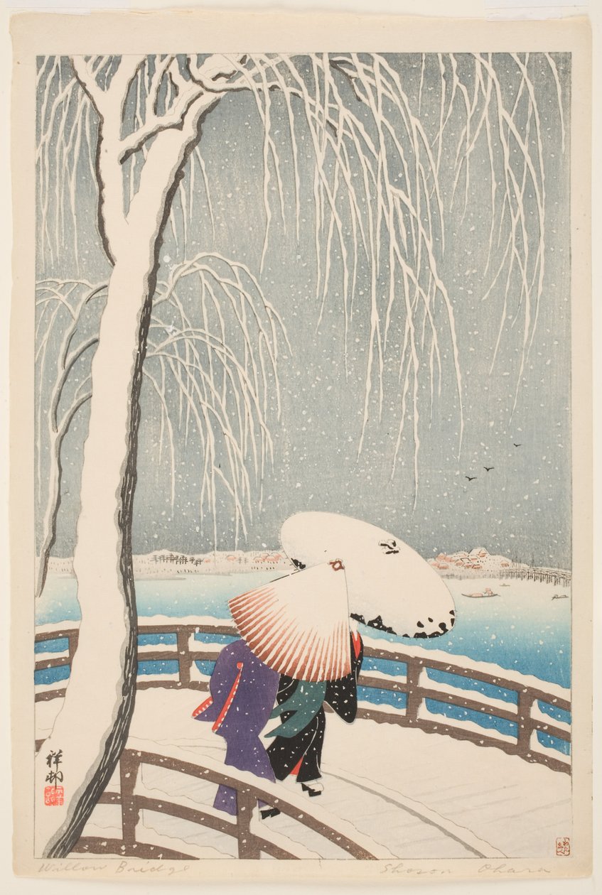 Willow Bridge (renkli tahta baskı) by Ohara Koson