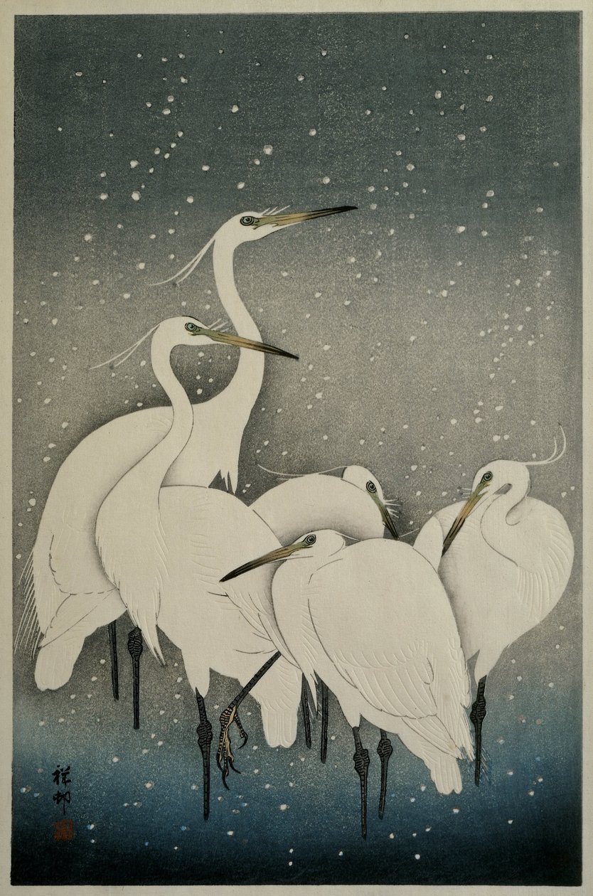 Ak balıkçıl grubu by Ohara Koson
