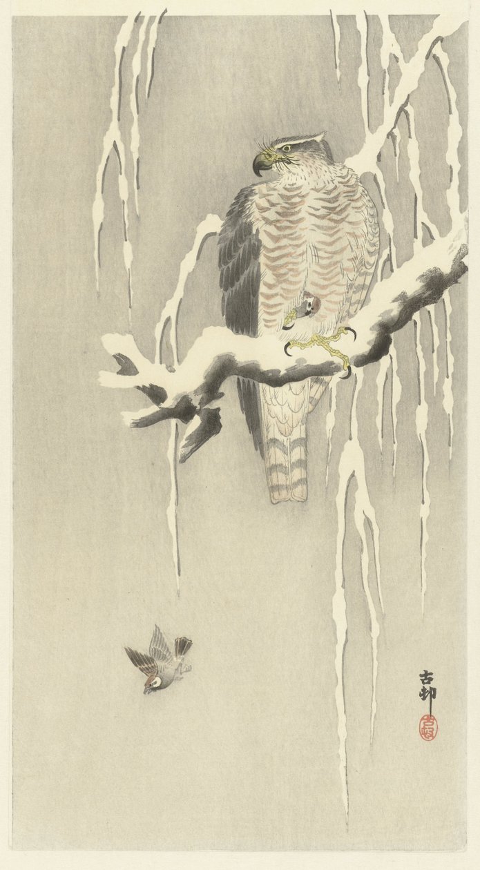 Esir ot serçesi olan şahin. by Ohara Koson