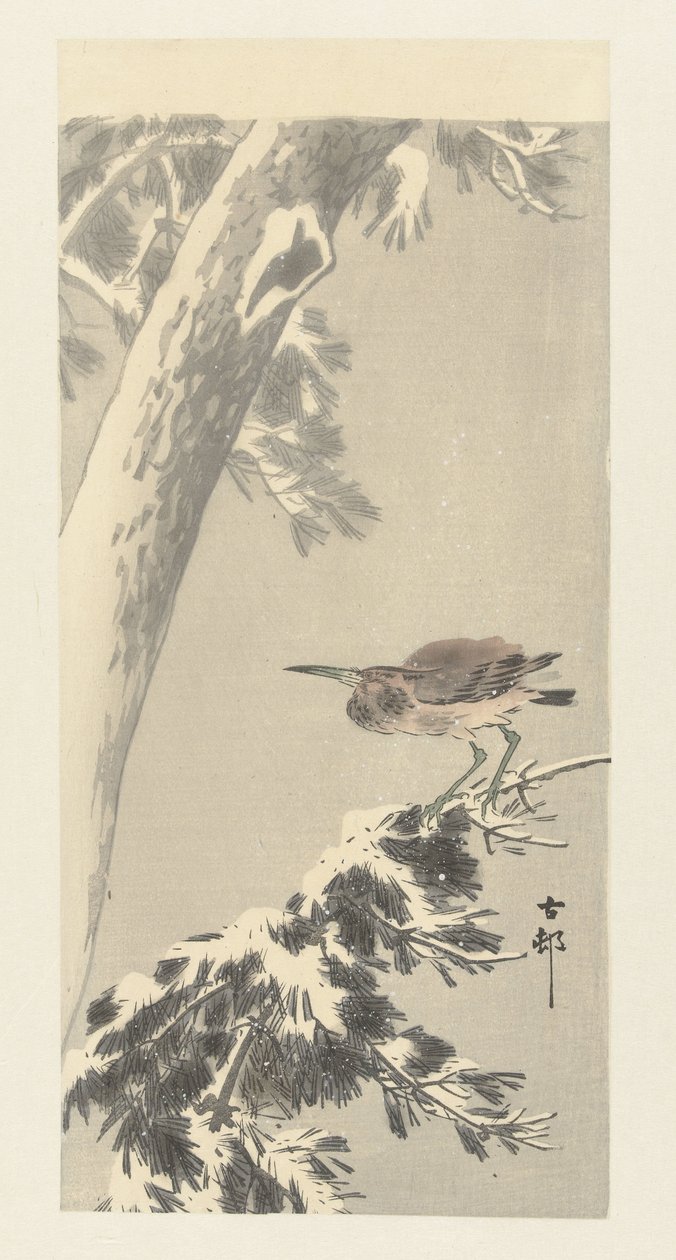 Karlı ağaç dalı üzerinde Hint gece balıkçılı by Ohara Koson