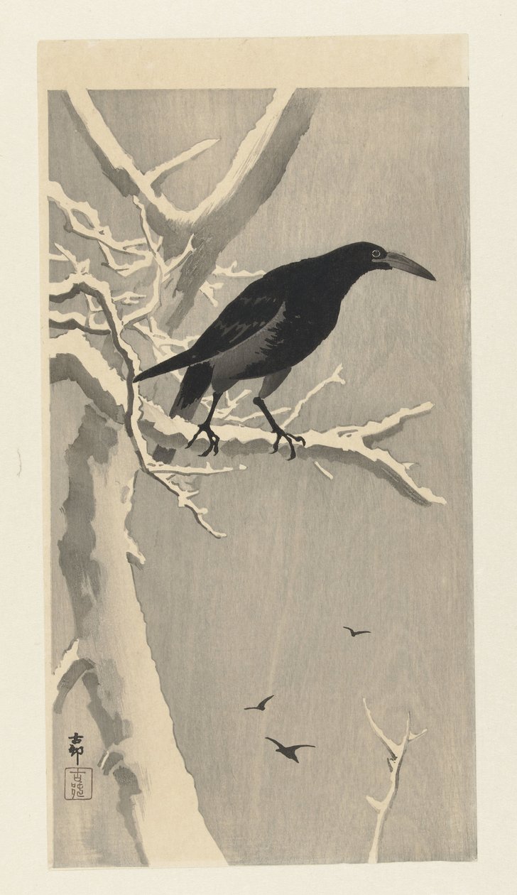 Karlı ağaç dalı üzerinde karga. by Ohara Koson