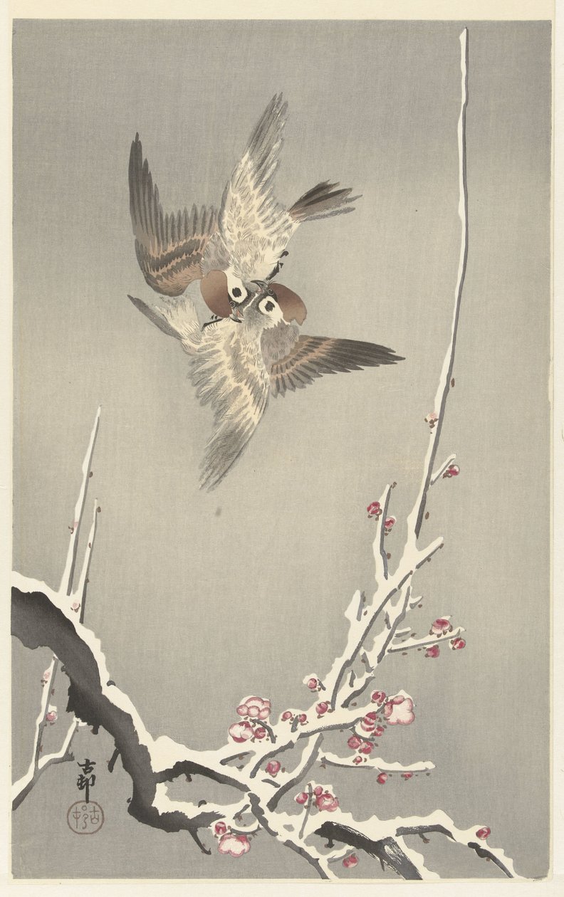 Serçeler ve karlı erik ağacı by Ohara Koson