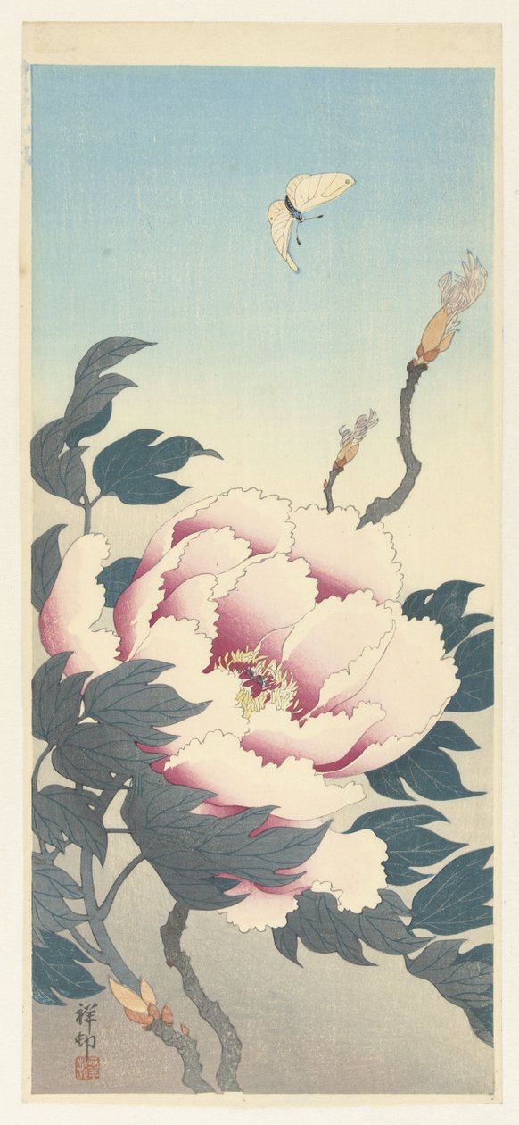 Şakayık ve bir kelebek by Ohara Koson