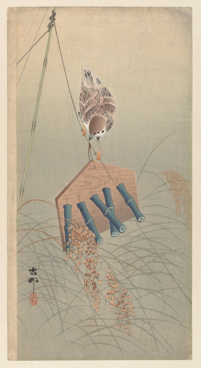 Korkuluk üzerinde halka serçe by Ohara Koson