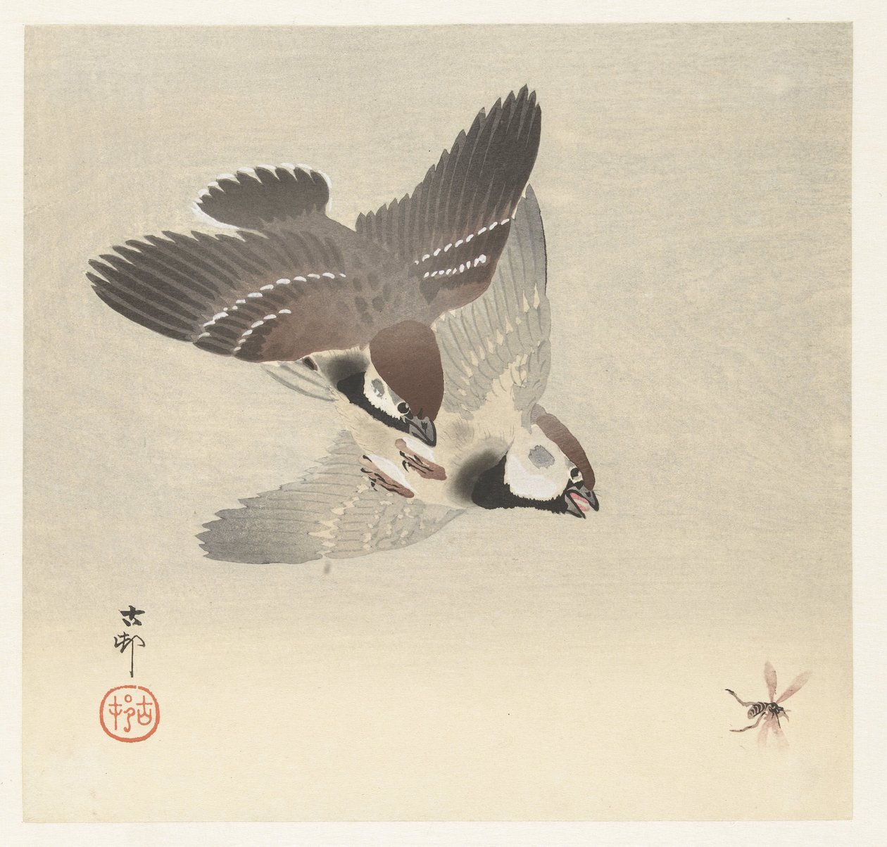 Halka Serçeler ve Böcek by Ohara Koson