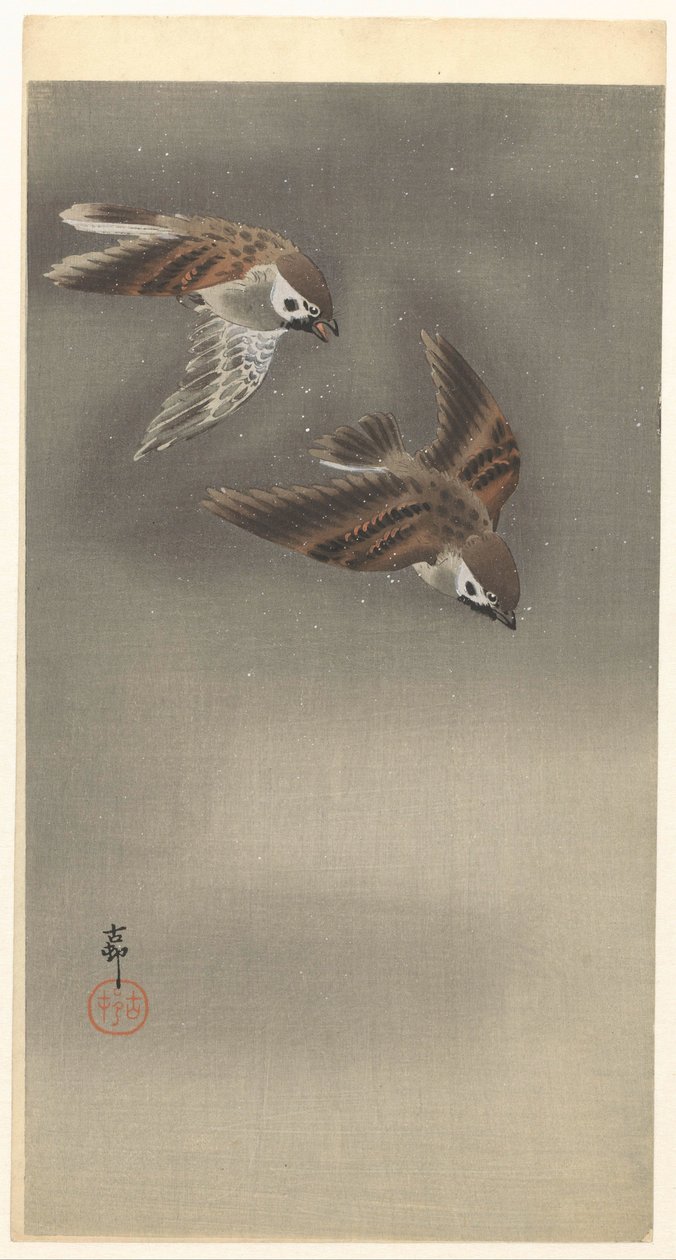 Karda Halka Serçeler by Ohara Koson