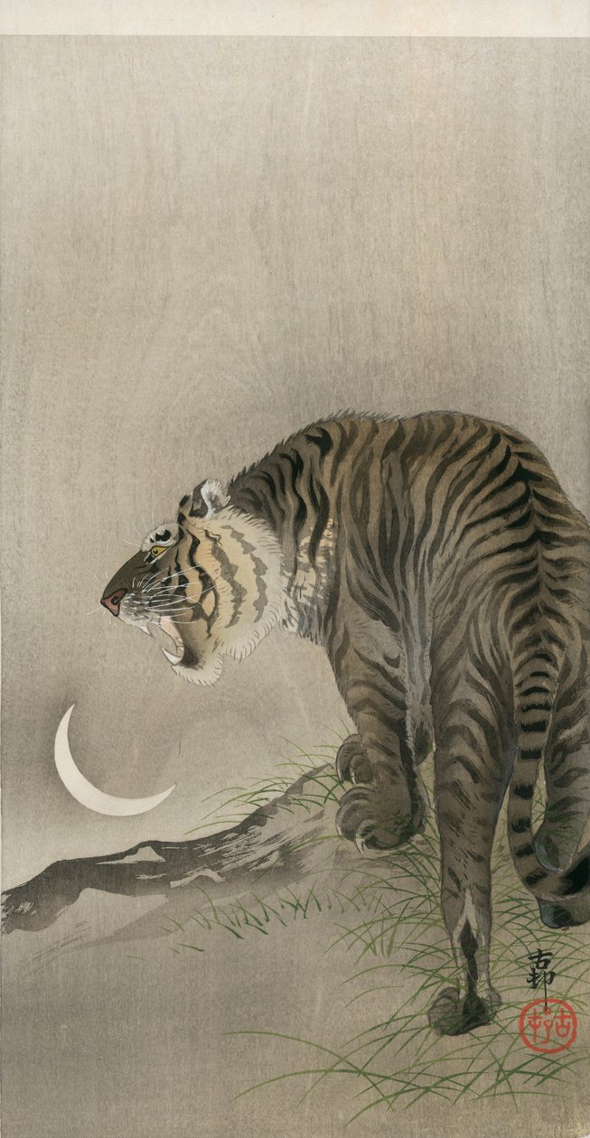 Kükreyen kaplan ve hilal ay by Ohara Koson
