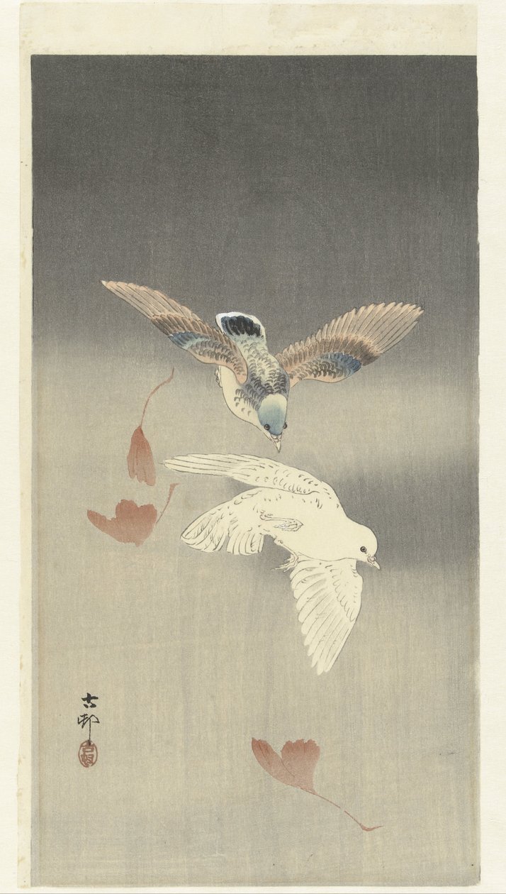 Düşen ginkgo yaprakları ile iki güvercin by Ohara Koson