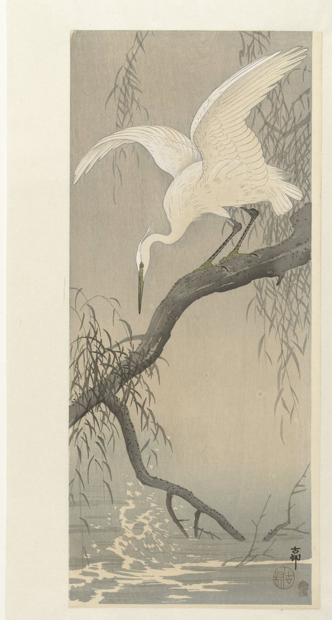 Ağaç dalı üzerinde beyaz balıkçıl by Ohara Koson