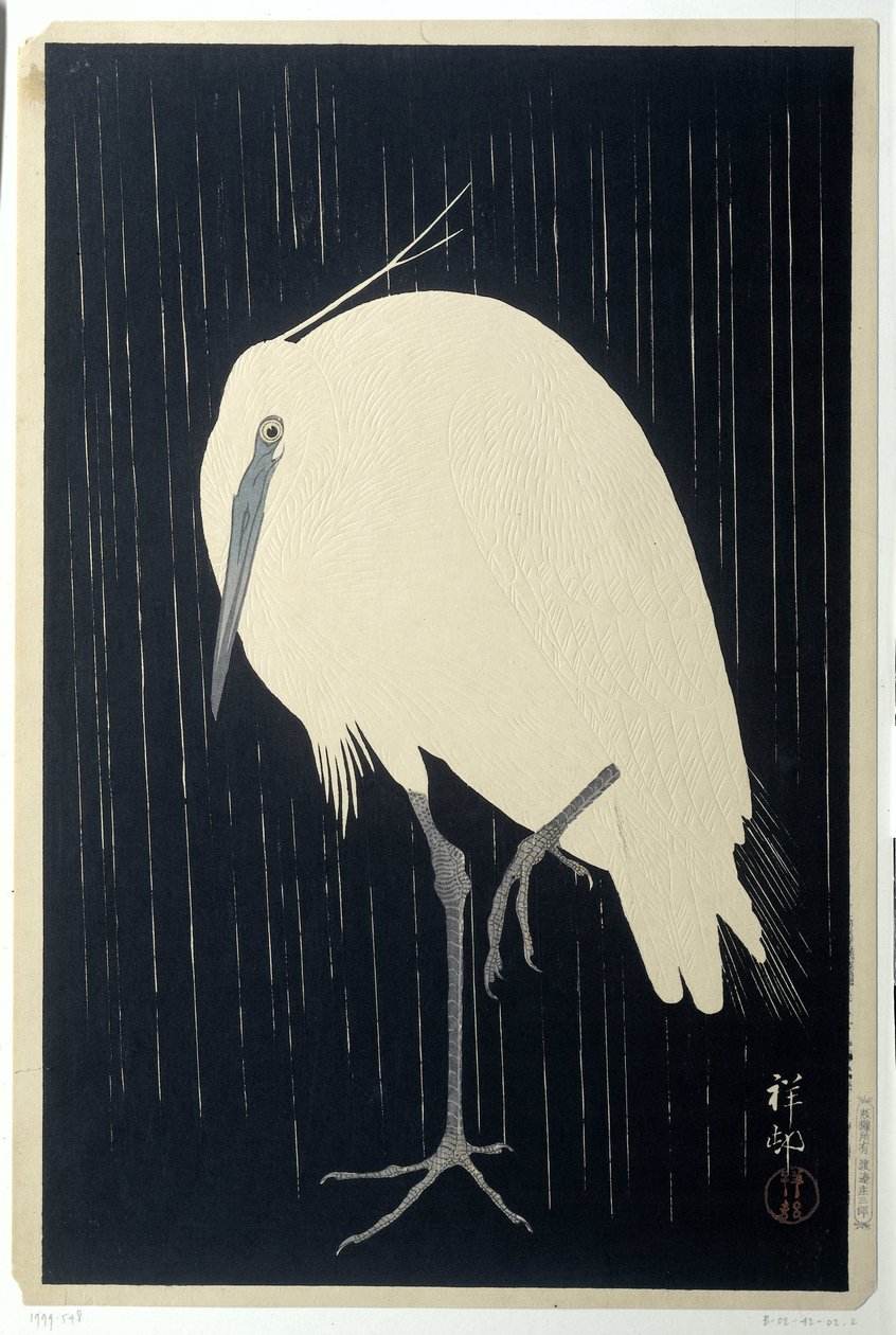 yağmurda ak balıkçıl by Ohara Koson