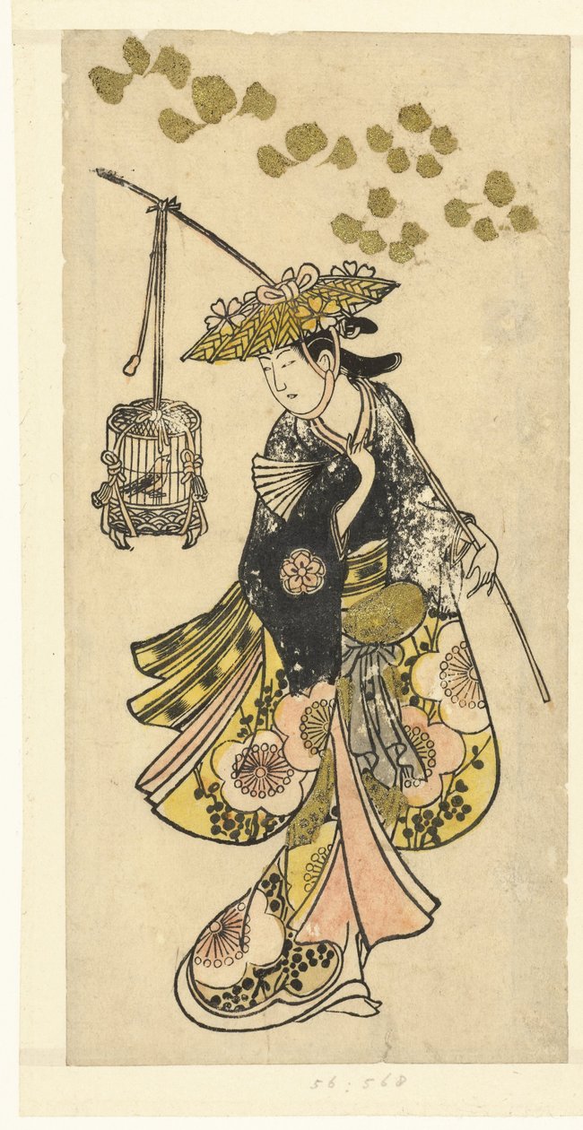 Kuş kafesi olan kadın by Okumura Toshinobu (attributed to)