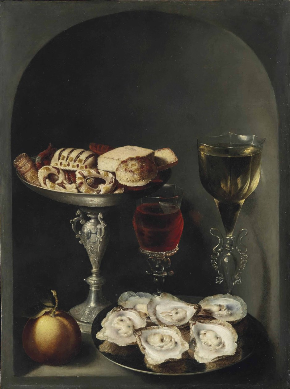 Kalaylı tabakta istiridye, gümüş tazzada şekerlemeler ve bisküviler, iki façon-de-venise şarap kadehi ve niş içinde bir portakal by Osias the Elder Beert