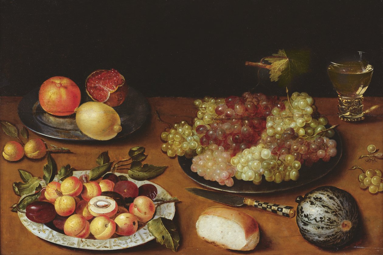 Still life with grapes, pomegranates and apricots (oil on wood) by Osias the Elder Beert