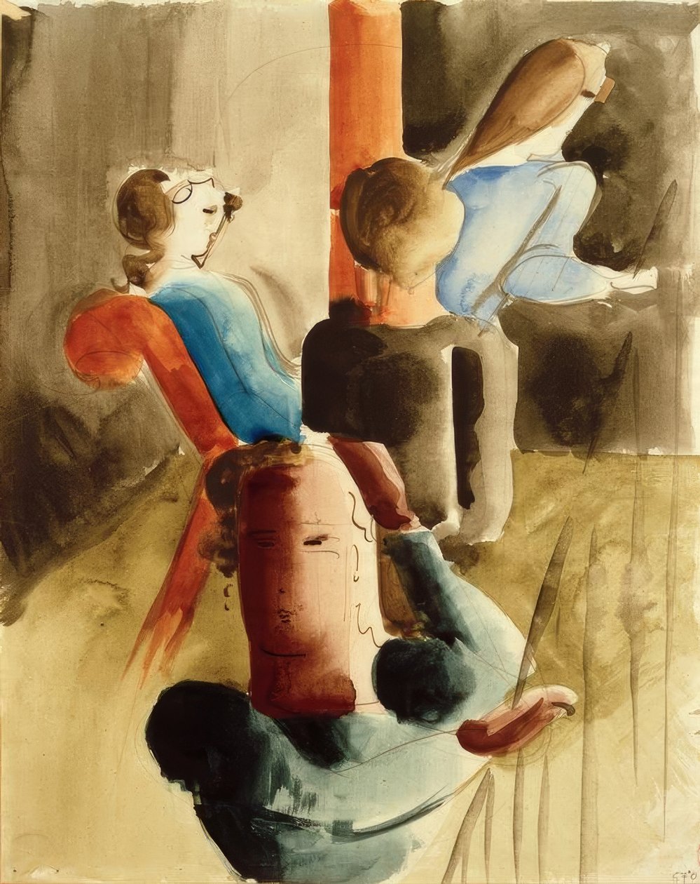 Oturan bir kişi ile dört kişilik grup by Oskar Schlemmer