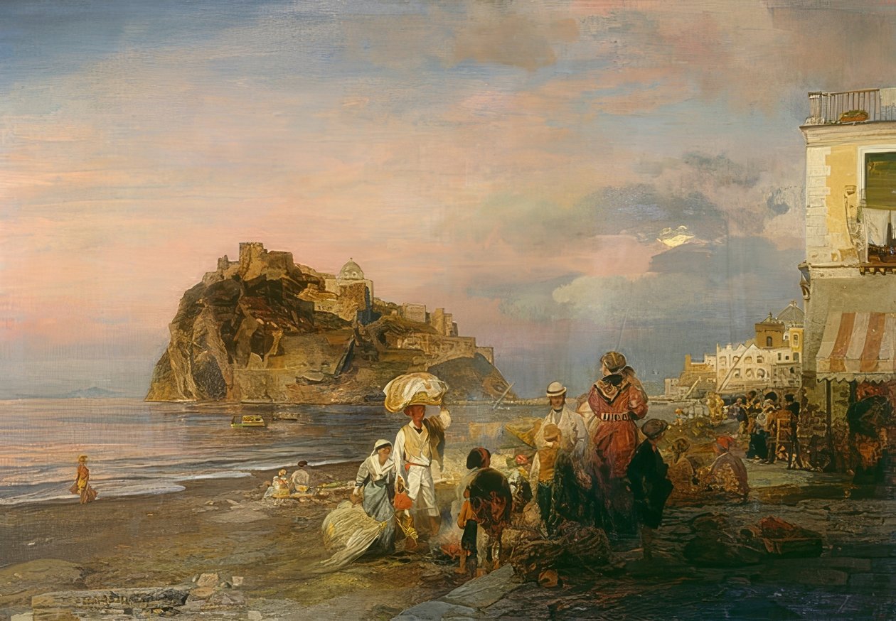 Ischia yakınlarındaki akşam plajı. 1879 by Oswald Achenbach