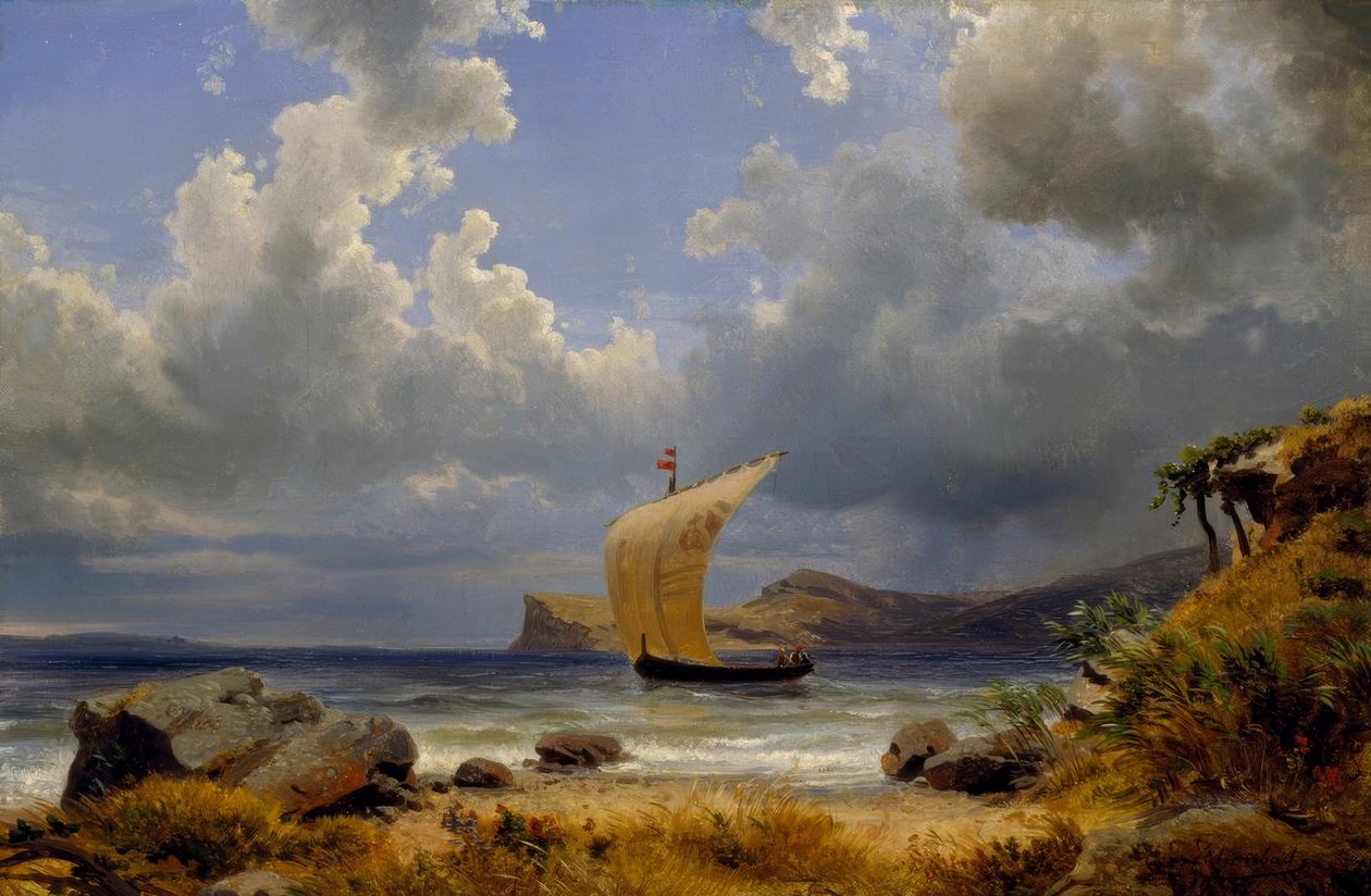 O.Achenbach, bir İtalyan körfezinde yelkenli tekne by Oswald Achenbach