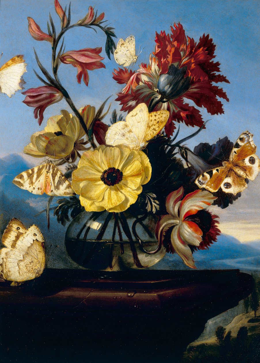 Bir kelebek ile çiçek vazo by Otto Marseus  van Schrieck