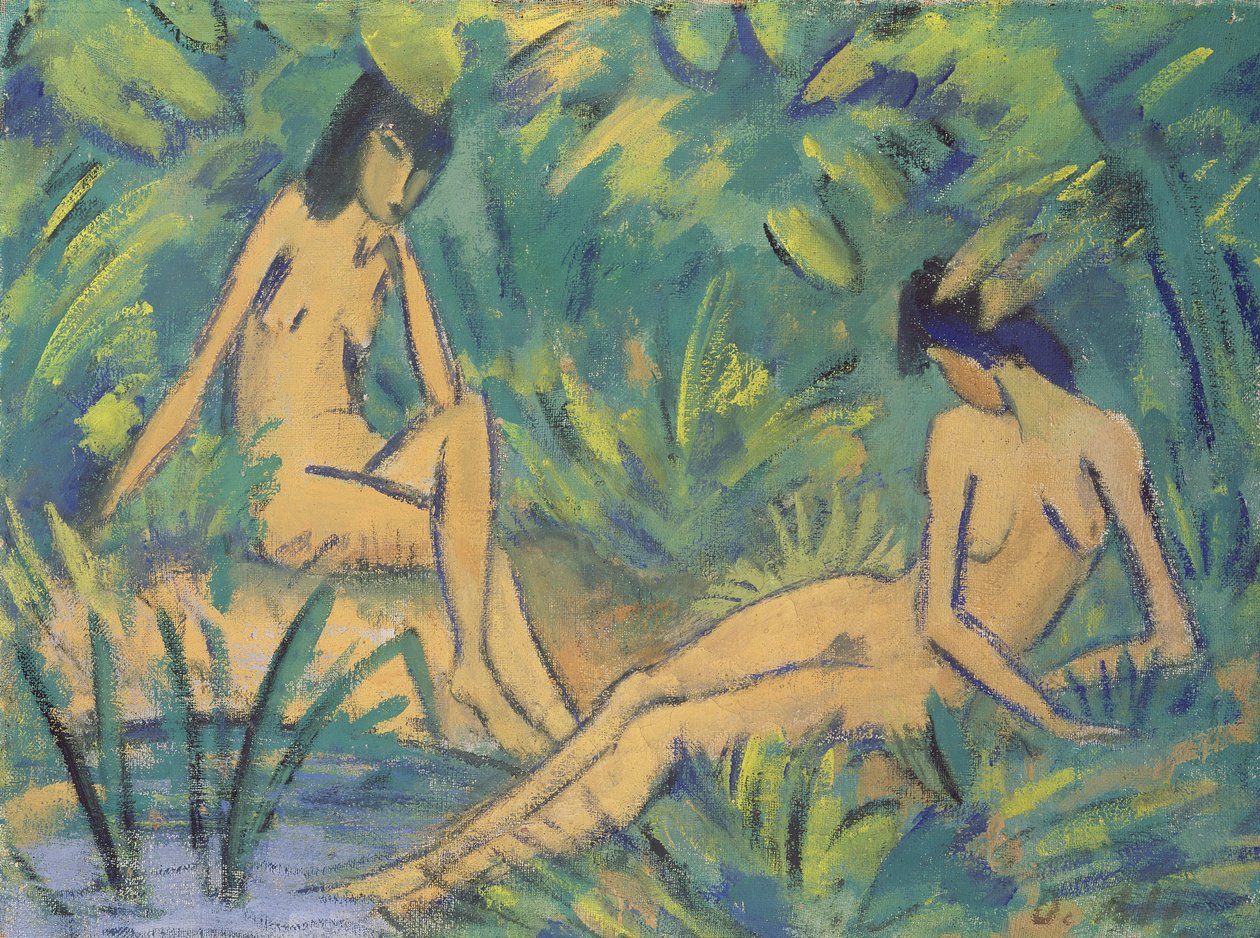 Su kenarında oturan kızlar, c.1920 (kendir üzerinde öfke) by Otto Mueller