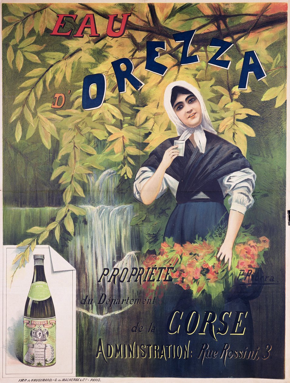 Poster reklam Eau dOrezza, doğal maden suyu rengi lito by P. Ribera