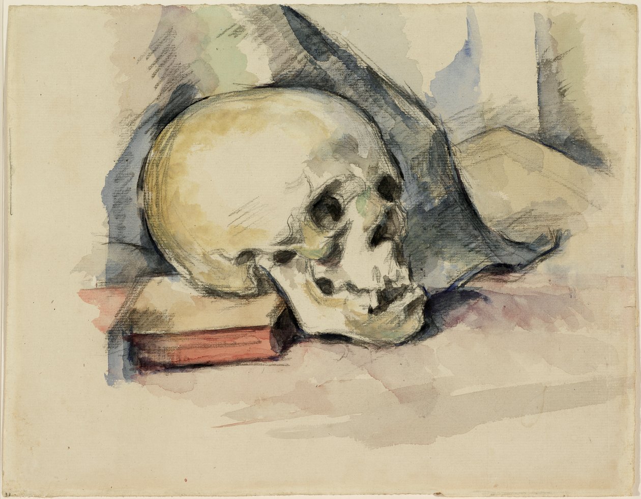 Kafatası ve Kitap, c.1885 (kağıt üzerine siyah tebeşir üzerine wc) by Paul Cézanne