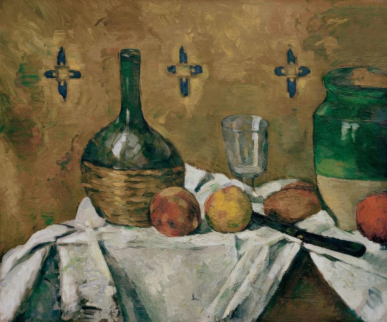 Natürmort: şişe, cam ve çömlek by Paul Cézanne