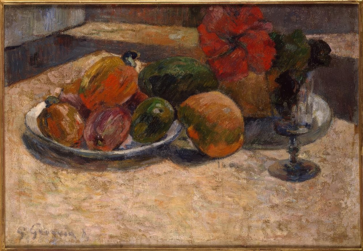 Egzotik meyveler ve kırmızı çiçekler by Paul Gauguin