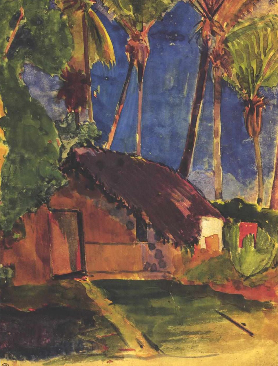Palmiye ağaçlarının altında hasır kulübe by Paul Gauguin