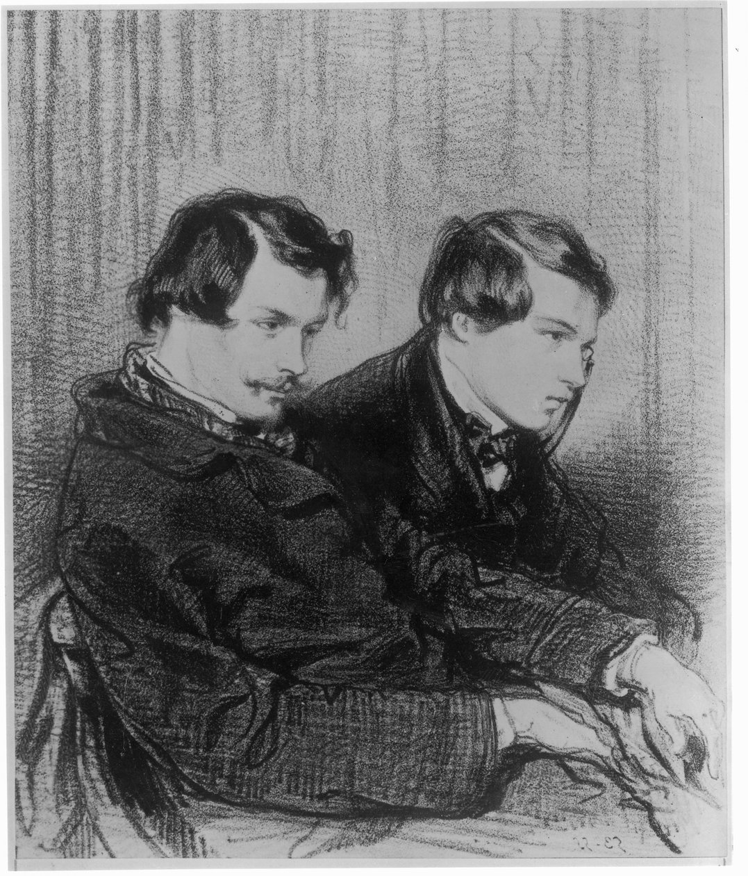 Edmond de Goncourt (1822-86) and Jules de Goncourt (1830-70) in a box at the theatre, 1853   by Paul Gavarni