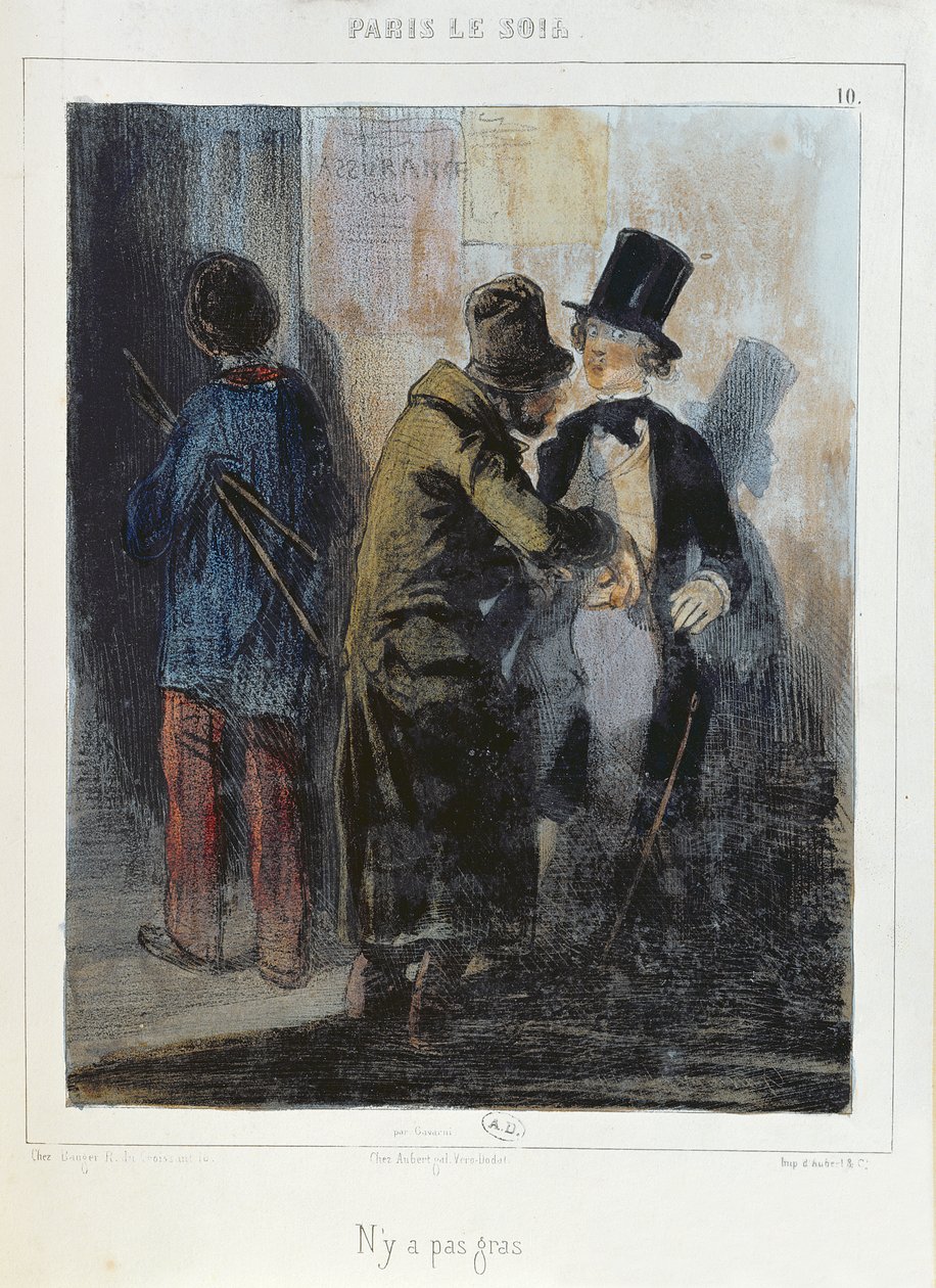 'Orada Hiçbir Şey', bir öğrencinin cebini soyan bir yankesici gösteren karikatür. c.1840 by Paul Gavarni