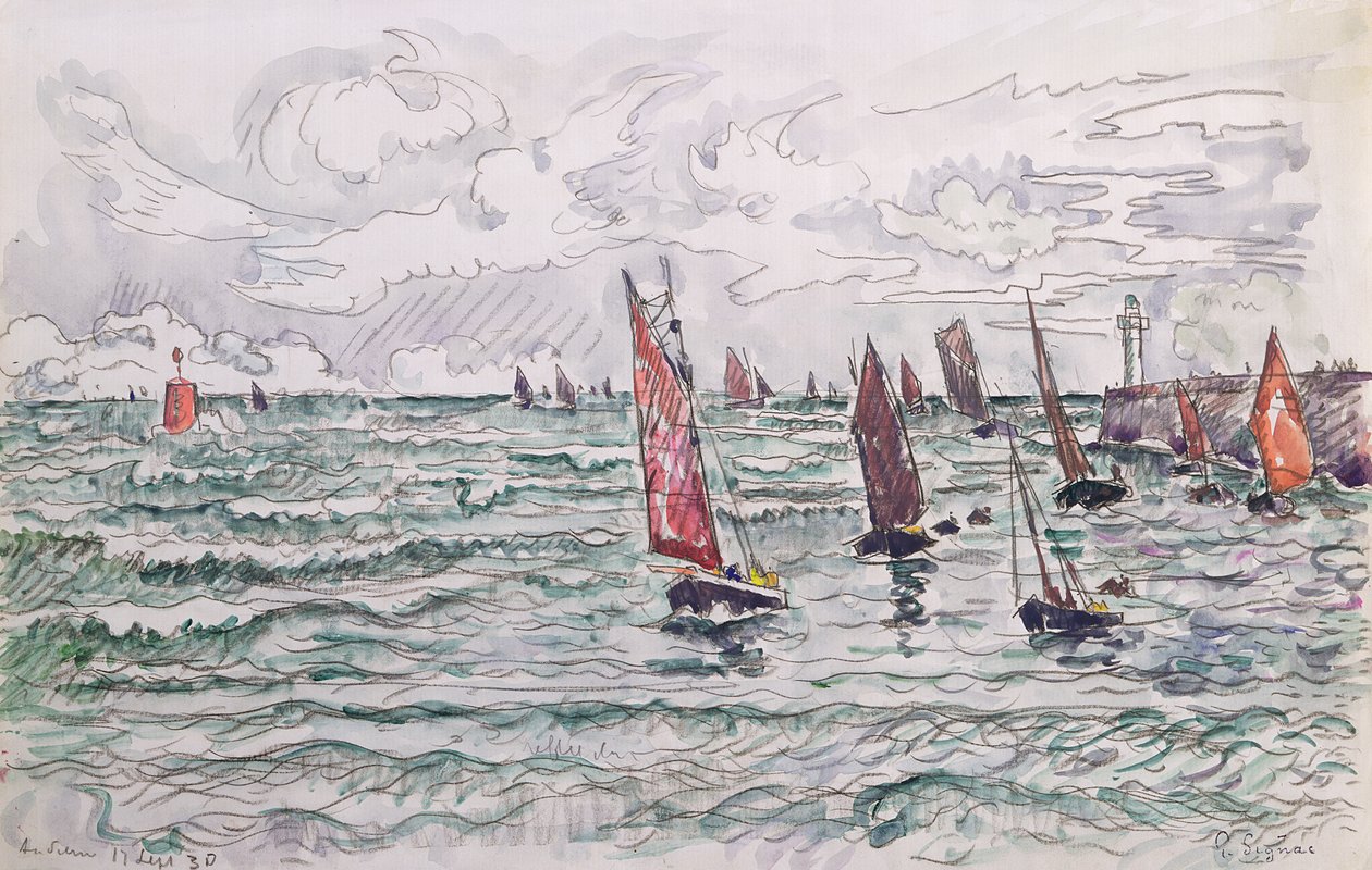 Audierne, Balıkçı Teknelerinin Dönüşü, 1930 (kağıt üzerinde wc ve kalem) by Paul Signac