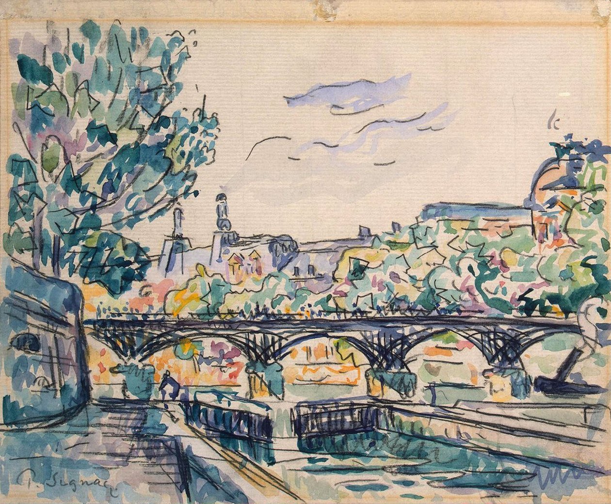 Seine Nehri kıyısında, Pont des Arts yakınında, Louvre manzaralı (kalem ve mürekkep, wc ve kağıt üzerinde guaj) by Paul Signac