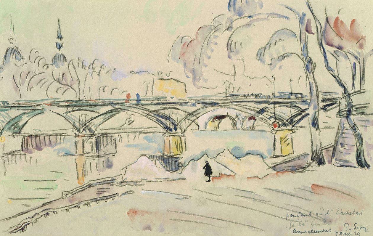 Pont des Arts, 1924 (kağıt üzerinde kalem ve tuvalet) by Paul Signac