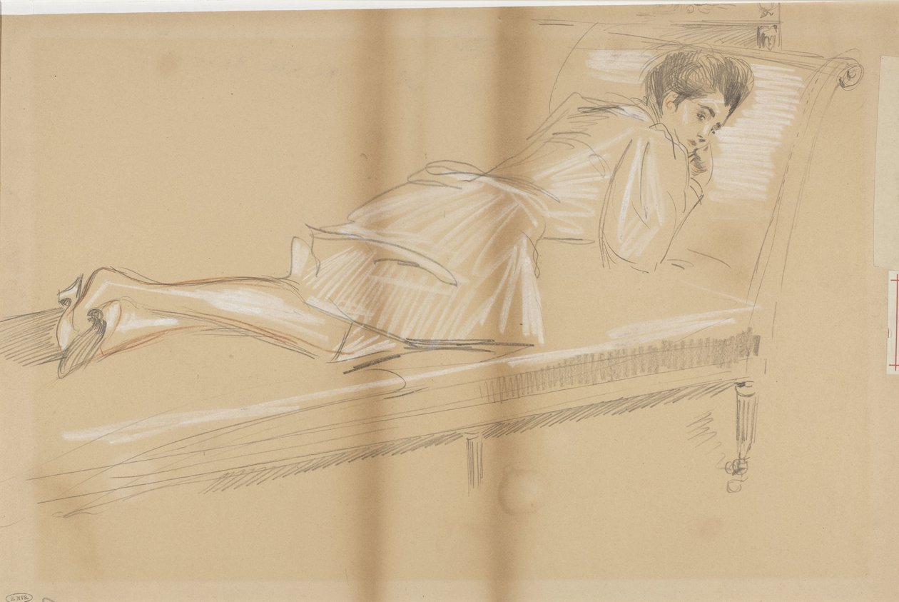 Kanepede öne doğru uzanan kadın by Paul Cesar Helleu