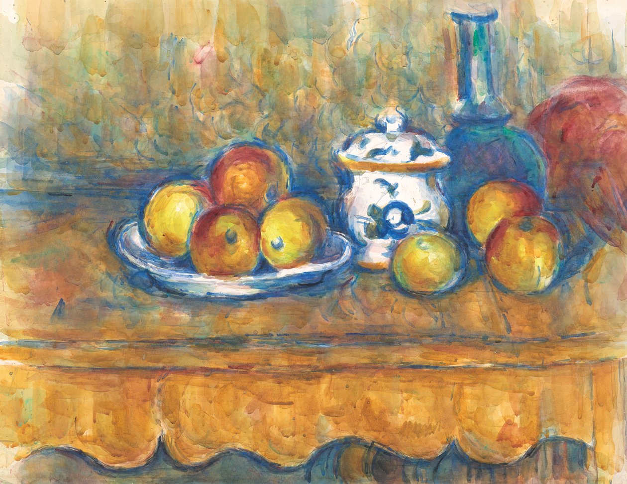 Mavi şişe, şekerlik ve elma ile natürmort by Paul Cézanne