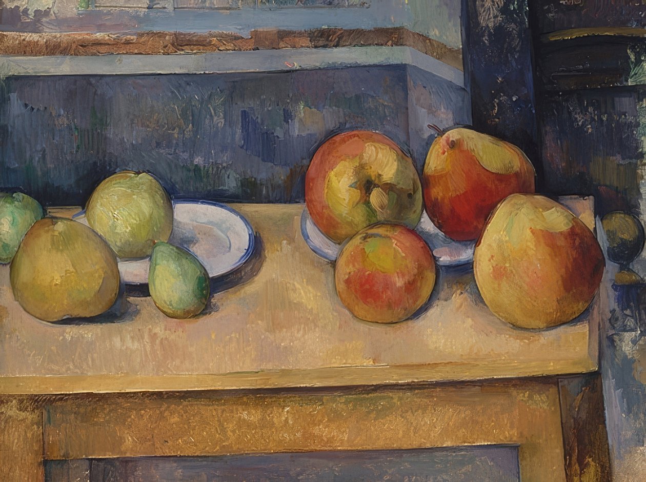 Elma ve armut ile natürmort. 1891-92 civarında by Paul Cézanne